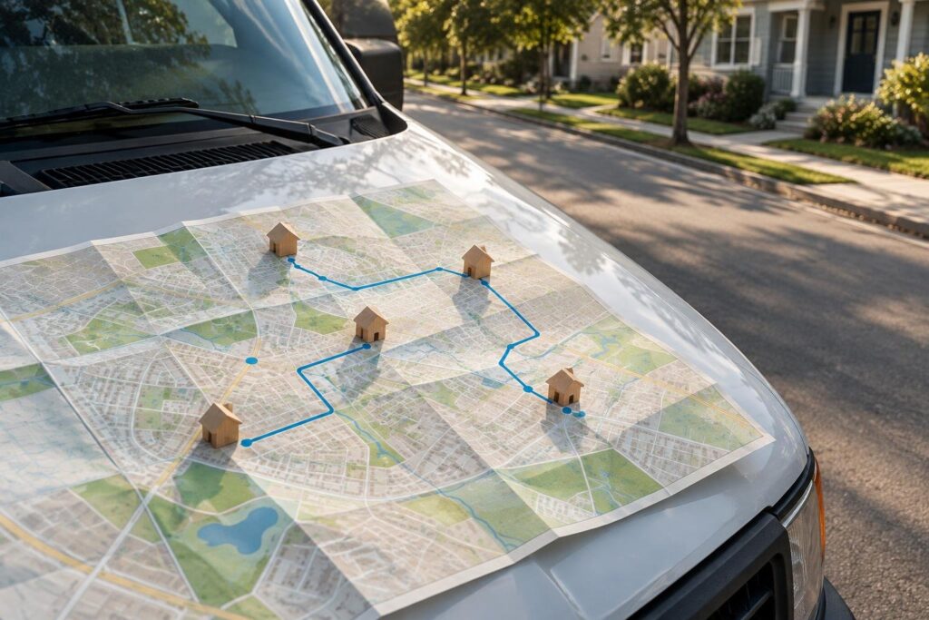 A service van beside a neighborhood map marked with nearby areas the business travels to serve.