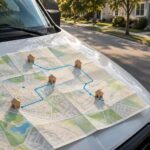 A service van beside a neighborhood map marked with nearby areas the business travels to serve.